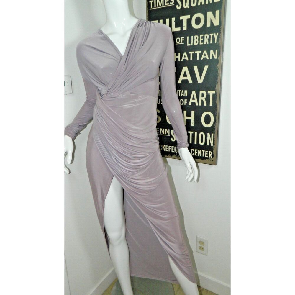 Club L London Dress Size 4 US Ruched Taupe Purple‎ Bodycon Maxi Dress